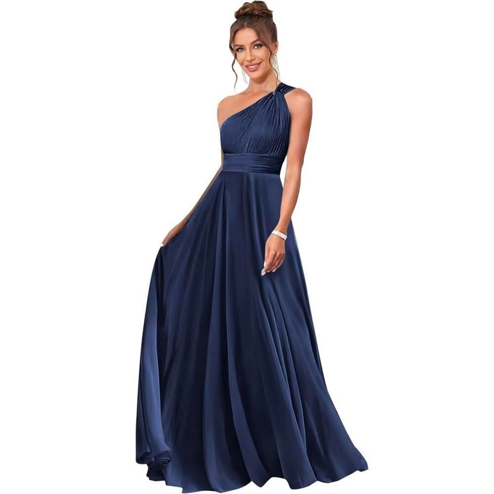 Athenian‎ one shoulder formal chiffon navy blue dress Size 6 Bridesmaid Prom